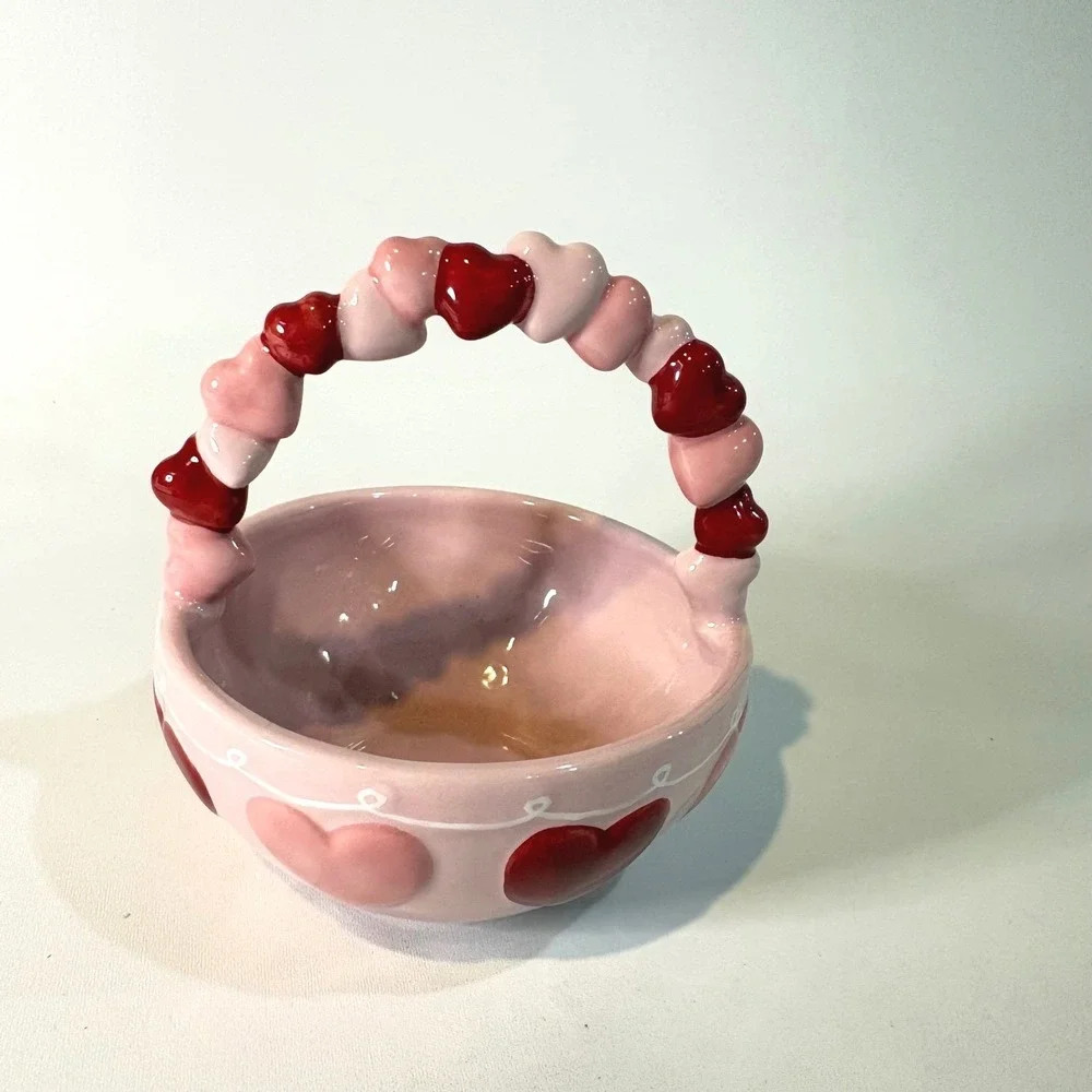 Pink Ceramic Heart Basket Valentine's Day Candy Bowl Sculpted Handle Decor